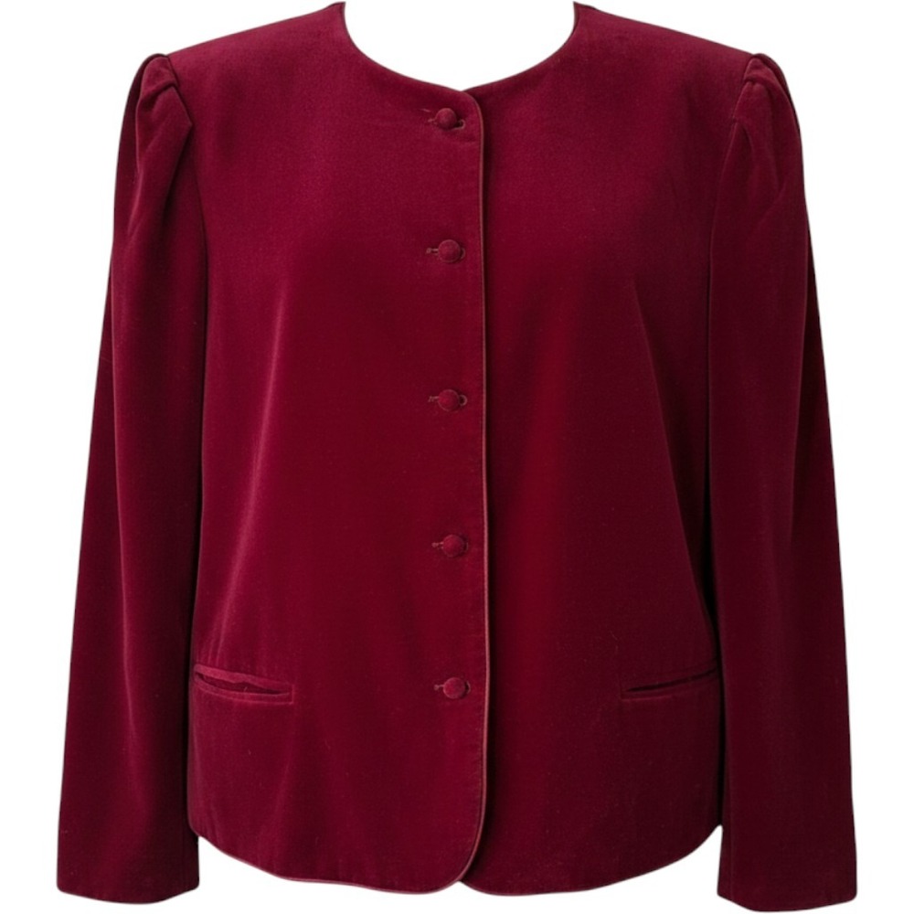 VTG Chaus Cotton Velvet Blazer 40 M/L Burgundy Red Puff Shoulder Button Front